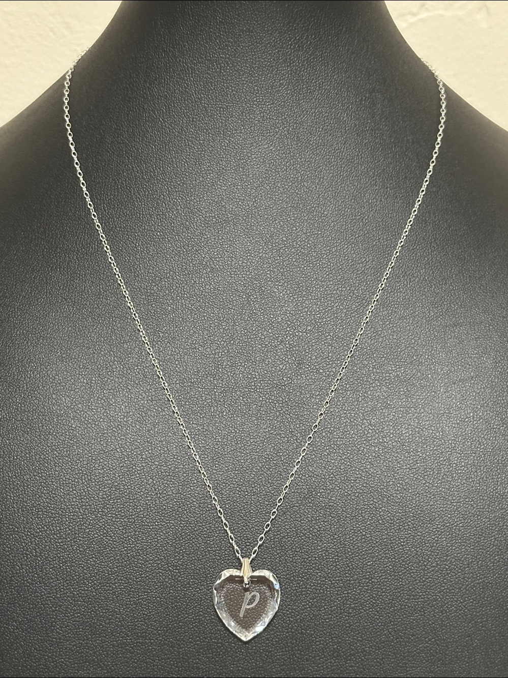 1980’s Crystal Heart Initial P Pendant Sterling Silver Chain Necklace Vintage